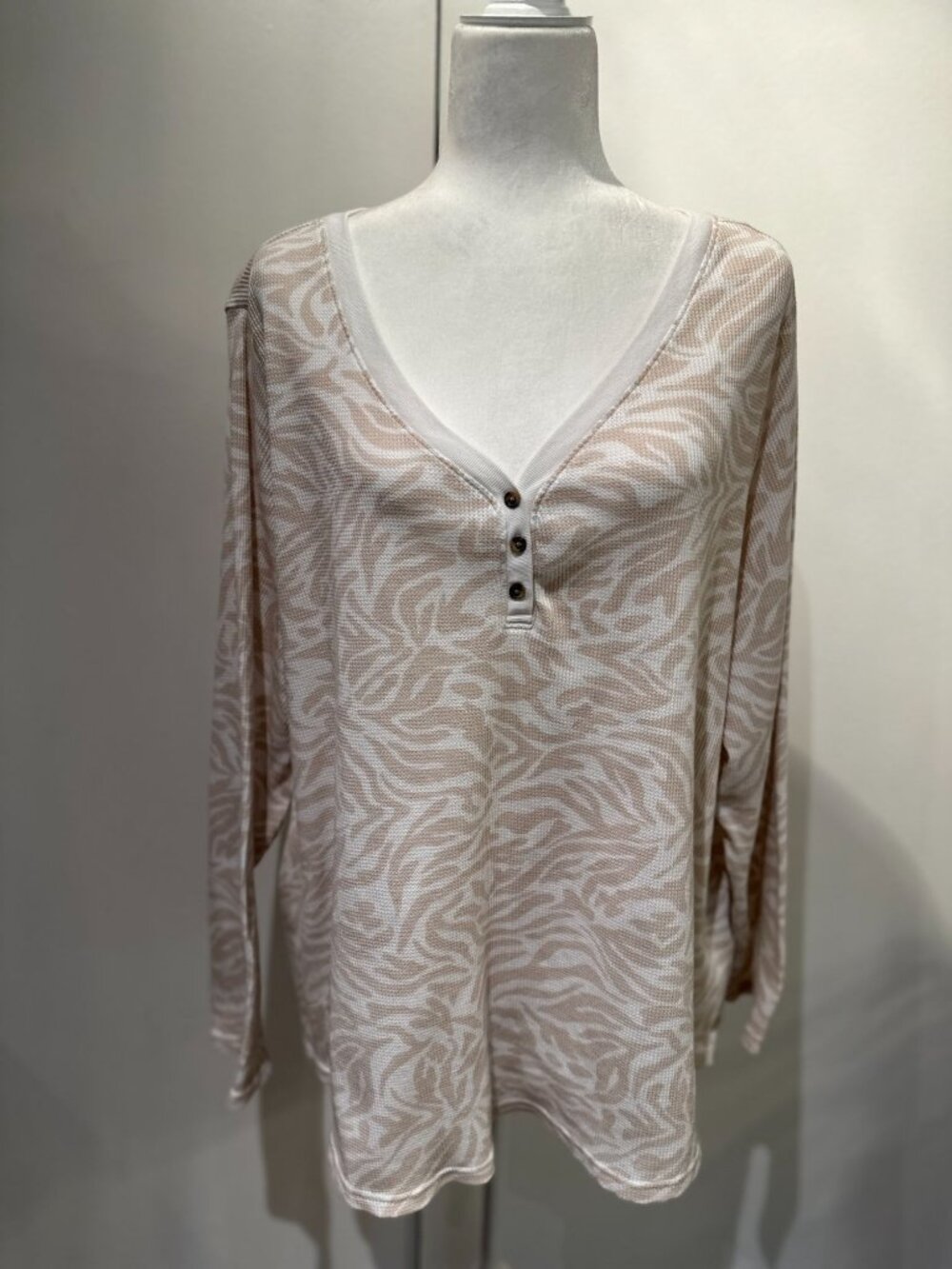Terra Sky Beige & White Button V-Neck Long-Sleeve 3X